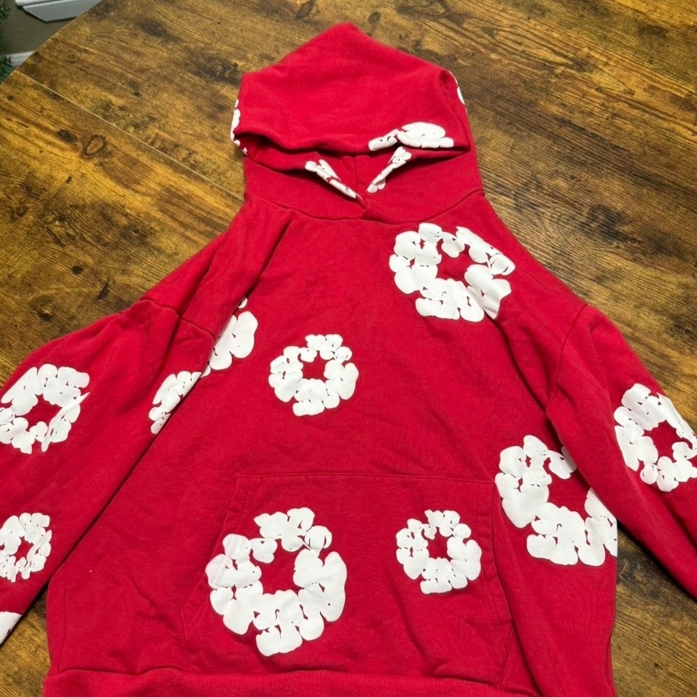 Red Mens Denim Tear Hoodie